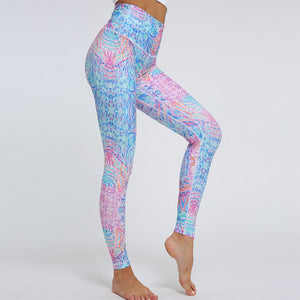 Private Label Ladies Gym Stylish Botanical Digital Printing Stitching Leggings Women High Waist Yoga Pants Fitness Clothes
